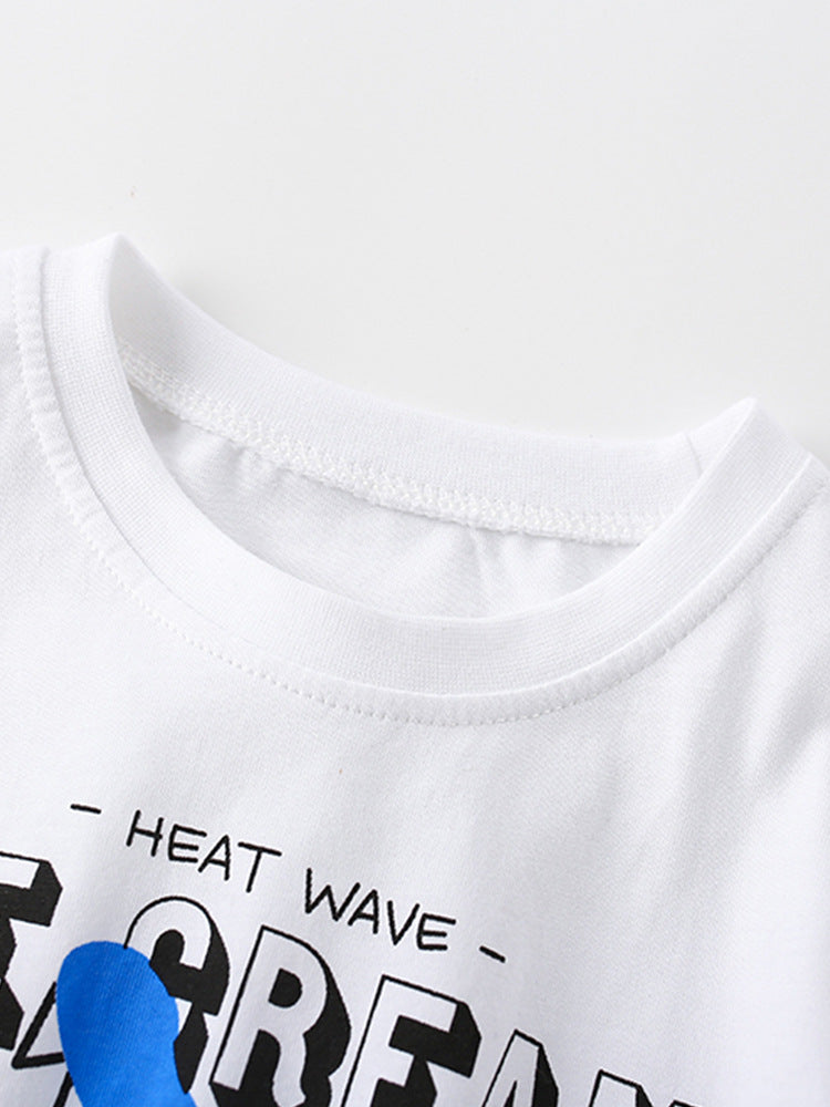 Summer Baby Kids Boys T-Shirt and Shorts set featuring a colorful animal cartoon print, made from soft cotton material, perfect for warm weather.