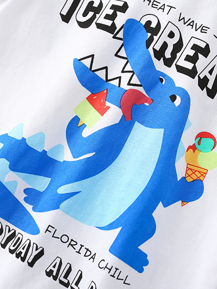 Summer Baby Kids Boys T-Shirt and Shorts set featuring a colorful animal cartoon print, made from soft cotton material, perfect for warm weather.