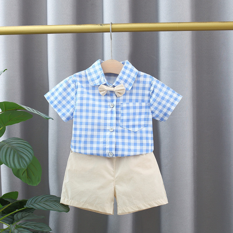 Summer Baby Kids Boys Blue Plaid Pattern Turn-Down Collar Short, featuring a stylish plaid design in blue, perfect for warm weather.