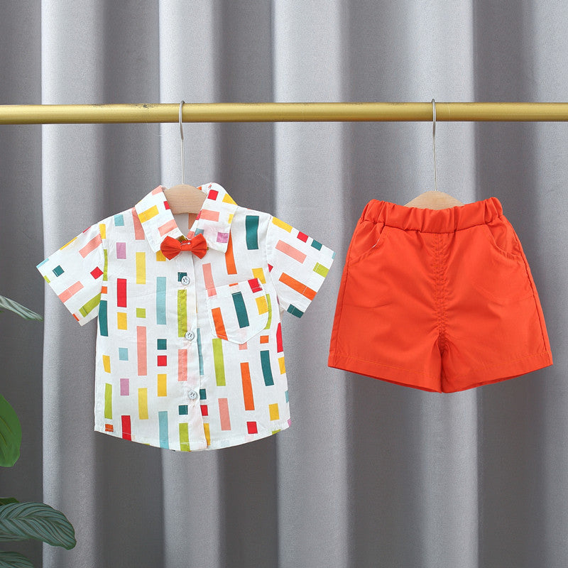 Summer Baby Kids Boys Colorful Striped Pattern Turn-Down Collar Short in vibrant orange with a stylish design.