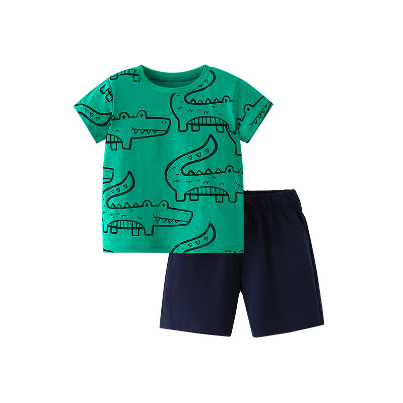 Green Summer T-Shirt for Boys featuring a playful crocodile cartoon print, made from soft cotton material.