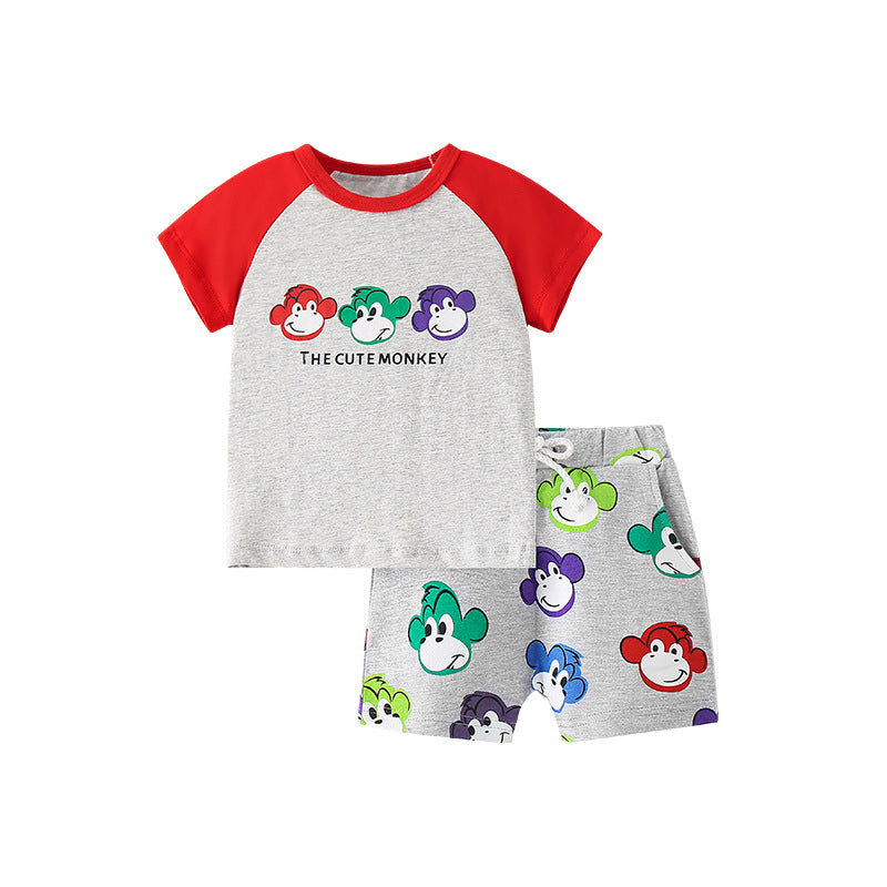 Summer outfit for boys featuring a cute monkey cartoon pattern T-shirt and shorts in grey color.