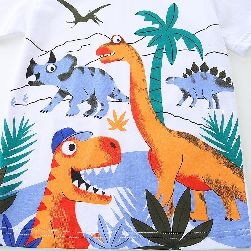 Summer Baby Kids Boys T-Shirt and Shorts set featuring a colorful dinosaur cartoon print on a white background, perfect for summer wear.