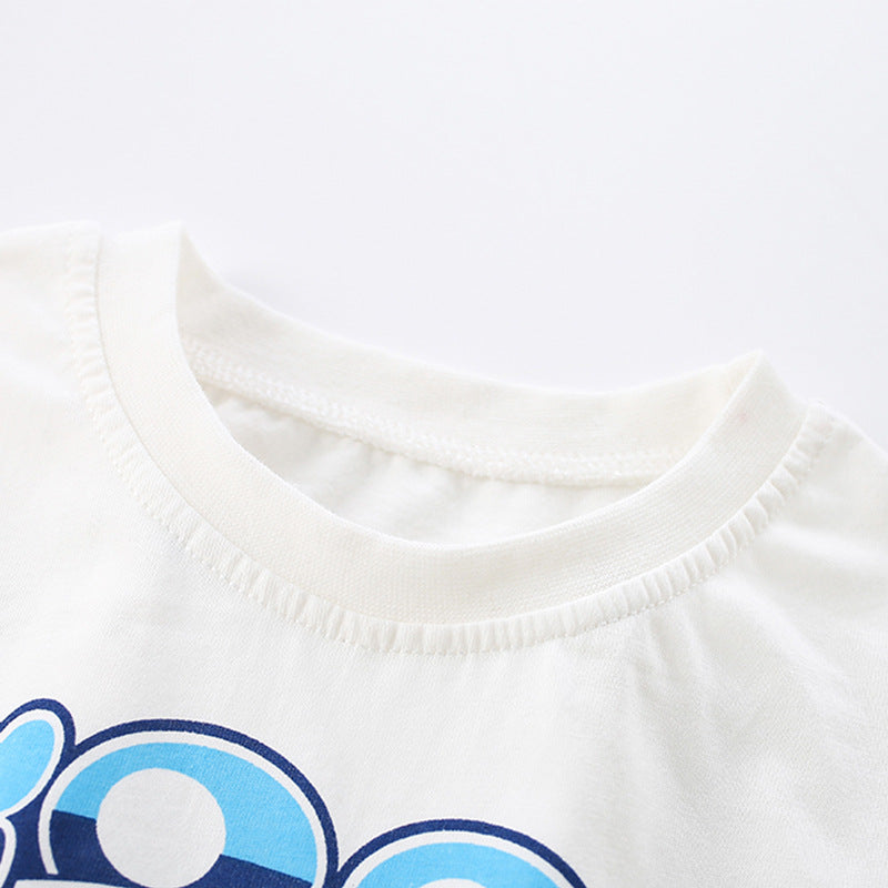 Summer Baby Kids Boys T-Shirt featuring a refreshing dinosaur cartoon pattern in white, made from soft cotton material.