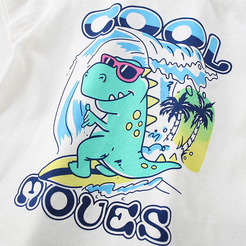 Summer Baby Kids Boys T-Shirt featuring a refreshing dinosaur cartoon pattern in white, made from soft cotton material.