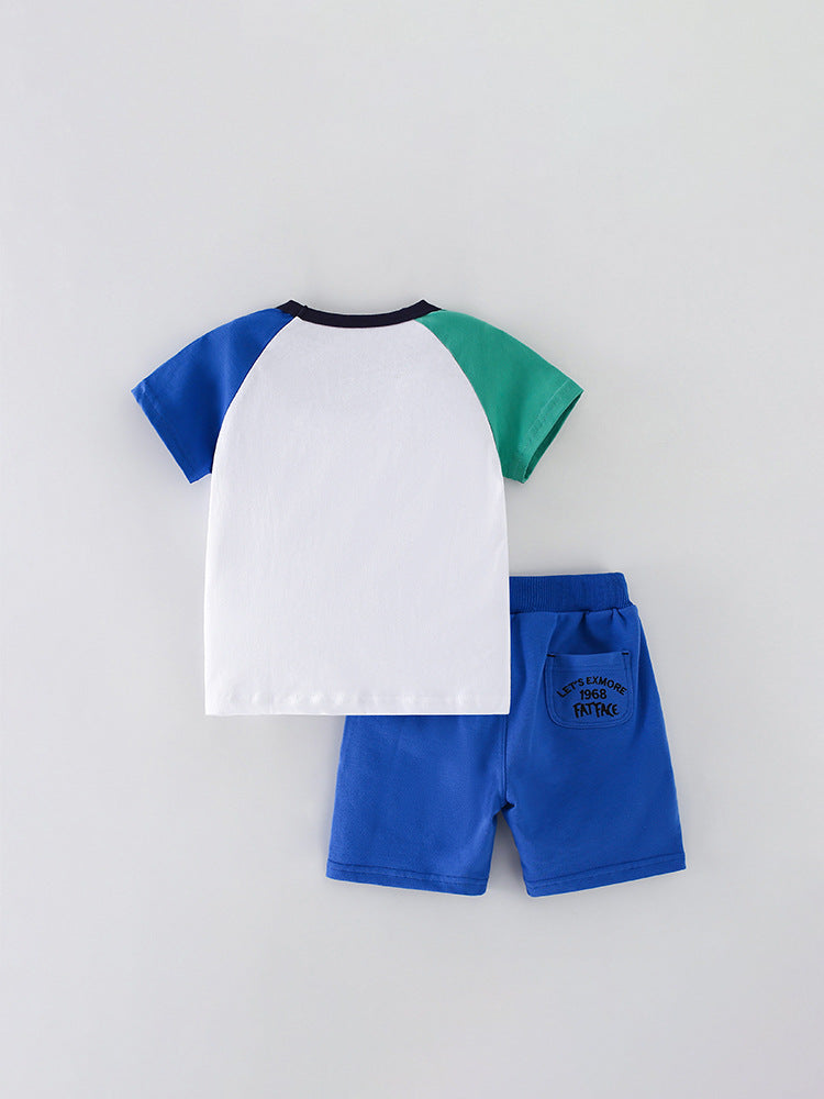 Summer Baby Kids Boys T-Shirt featuring a shark cartoon pattern with blue shorts, perfect for summer wear.
