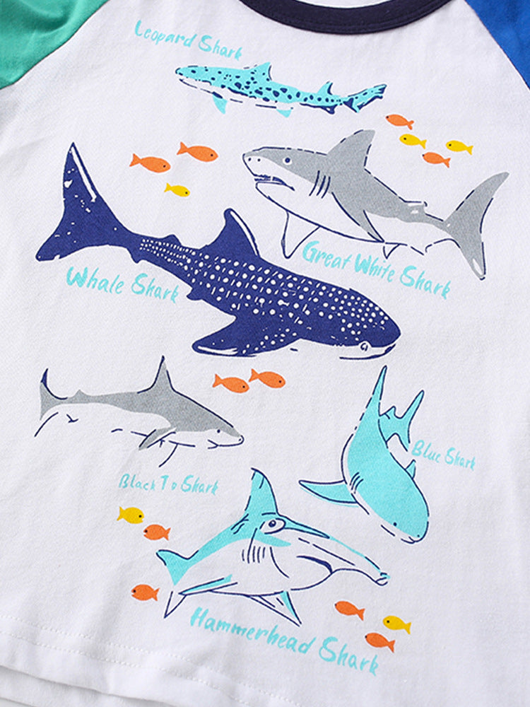 Summer Baby Kids Boys T-Shirt featuring a shark cartoon pattern with blue shorts, perfect for summer wear.