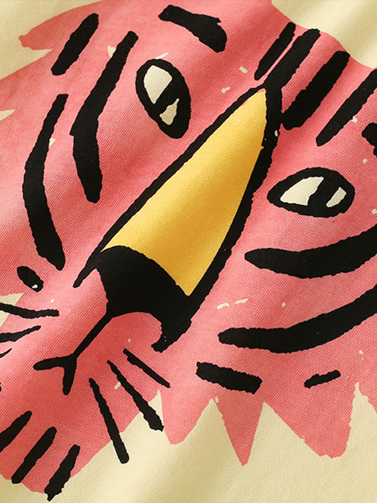 Summer Baby Kids Boys T-Shirt featuring a tiger cartoon print and striped design in apricot color.