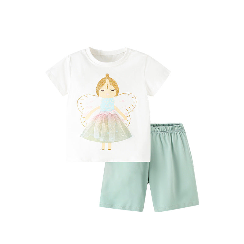 Summer Baby Kids Girls Angel Print T-Shirt and Shorts Clothing Set in white, featuring a cute angel design, made from soft cotton material.
