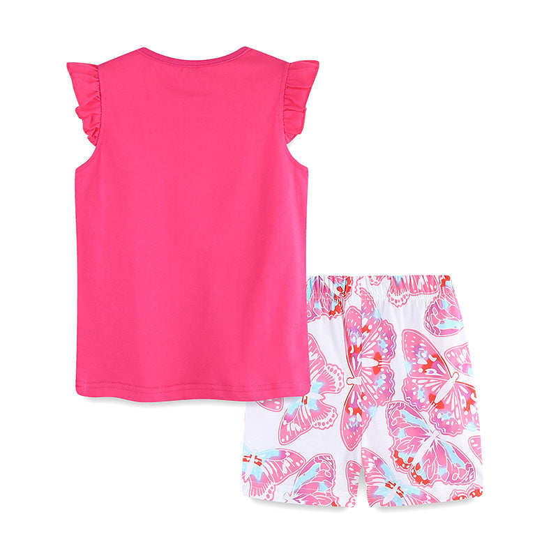 Summer Baby Kids Girls Butterfly Cartoon Print T-Shirt and Shorts set in vibrant red, featuring a cute butterfly design, perfect for summer wear.