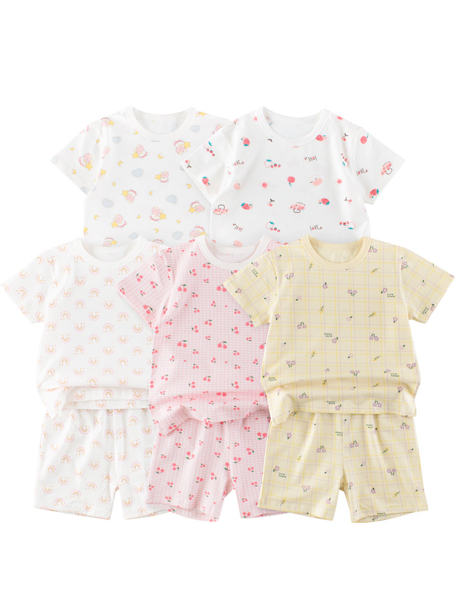 Summer Baby Kids Girls Cartoon Print T-shirt and Shorts Clothing Set in various colors with a playful cartoon design.