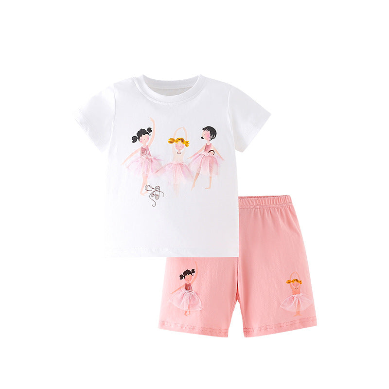 Summer Baby Kids Girls Cartoon Print T-Shirt and Shorts Clothing Set in white and pink, featuring a playful cartoon design, perfect for summer wear.