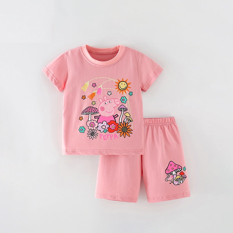 Summer Baby Kids Girls Cartoon Print T-Shirt and Shorts Clothing Set in white and pink, featuring a playful cartoon design, perfect for summer wear.