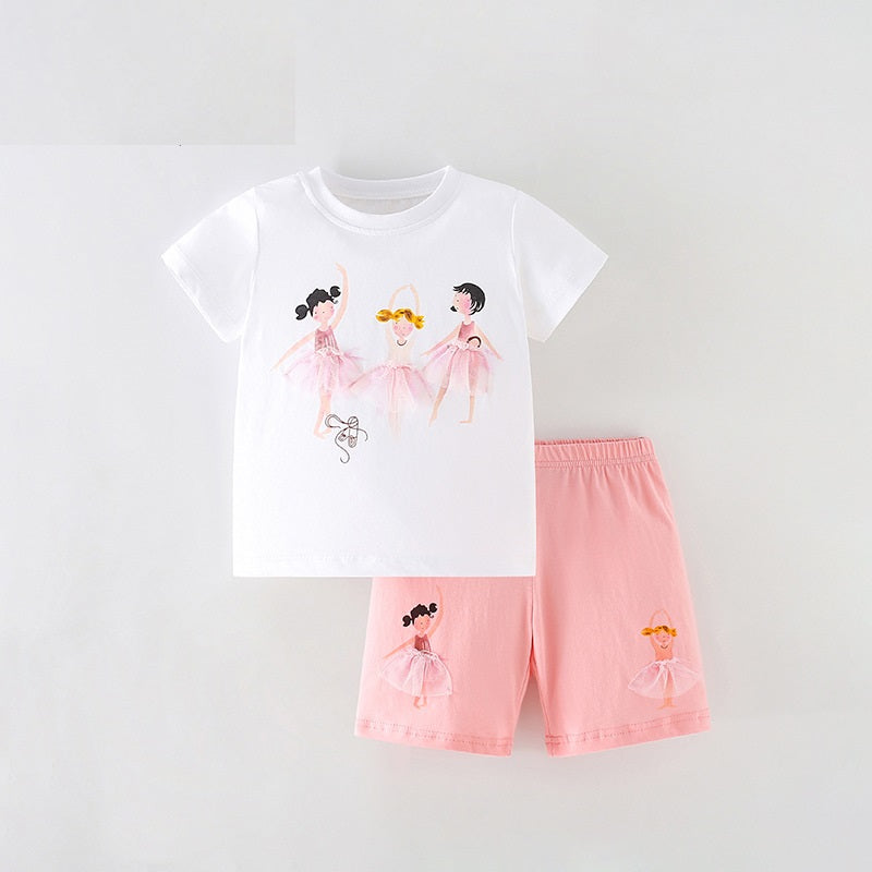 Summer Baby Kids Girls Cartoon Print T-Shirt and Shorts Clothing Set in white and pink, featuring a playful cartoon design, perfect for summer wear.