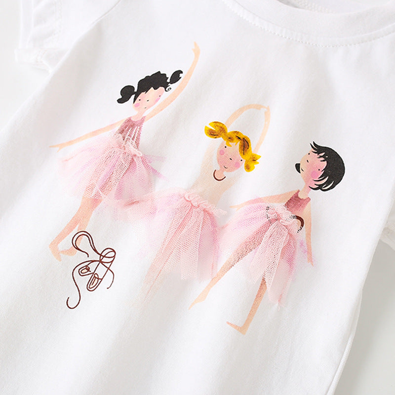 Summer Baby Kids Girls Cartoon Print T-Shirt and Shorts Clothing Set in white and pink, featuring a playful cartoon design, perfect for summer wear.