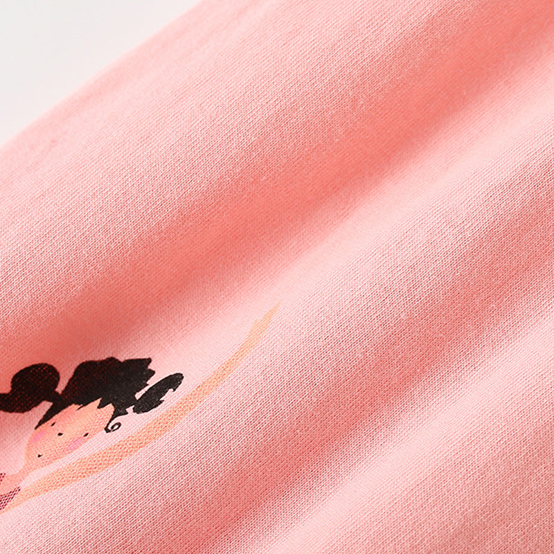 Summer Baby Kids Girls Cartoon Print T-Shirt and Shorts Clothing Set in white and pink, featuring a playful cartoon design, perfect for summer wear.