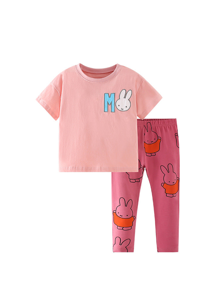 Summer Baby Kids Girls Cartoon Rabbit Print T-Shirt and Pants set in pink, featuring a cute rabbit design, perfect for warm weather.