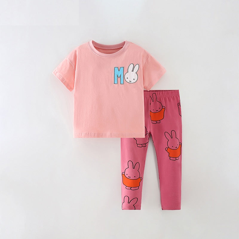 Summer Baby Kids Girls Cartoon Rabbit Print T-Shirt and Pants set in pink, featuring a cute rabbit design, perfect for warm weather.