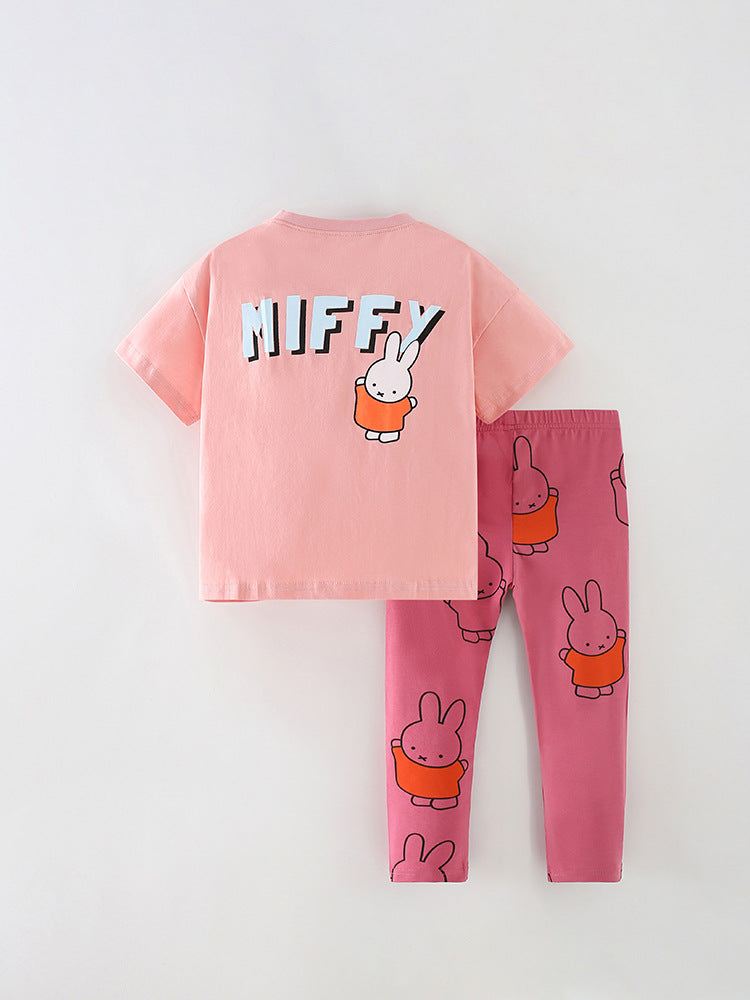 Summer Baby Kids Girls Cartoon Rabbit Print T-Shirt and Pants set in pink, featuring a cute rabbit design, perfect for warm weather.