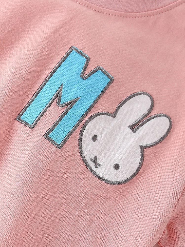 Summer Baby Kids Girls Cartoon Rabbit Print T-Shirt and Pants set in pink, featuring a cute rabbit design, perfect for warm weather.