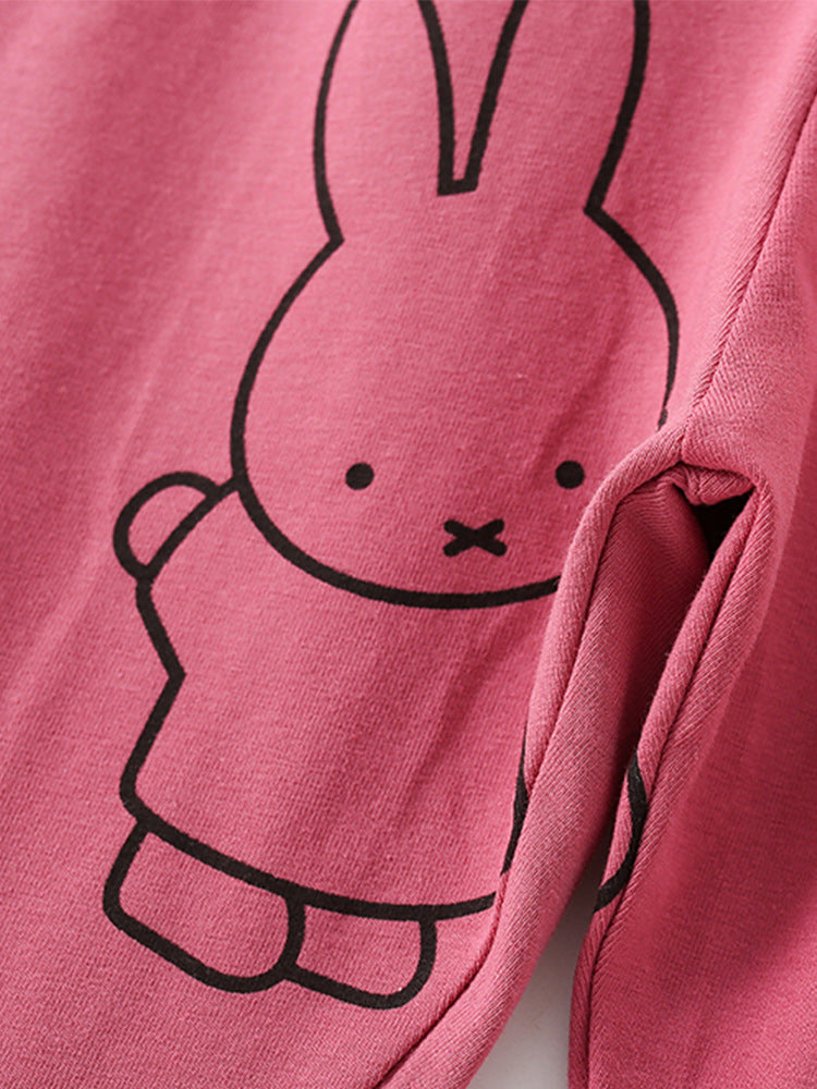 Summer Baby Kids Girls Cartoon Rabbit Print T-Shirt and Pants set in pink, featuring a cute rabbit design, perfect for warm weather.