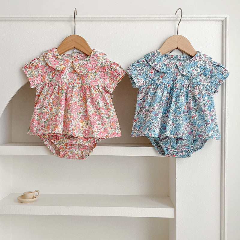 Summer Baby Kids Girls Floral Print Top and Bloomers in pink and blue, featuring a vibrant floral pattern, perfect for warm weather.
