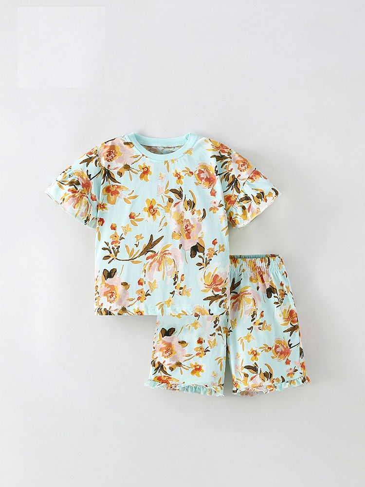 Summer Baby Kids Girls Floral Print T-Shirt and Shorts set in green, featuring a vibrant floral design, perfect for warm weather.