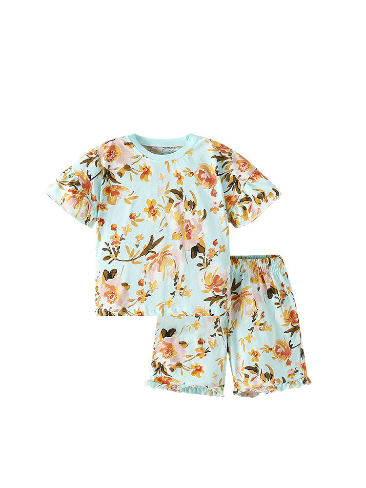 Summer Baby Kids Girls Floral Print T-Shirt and Shorts set in green, featuring a vibrant floral design, perfect for warm weather.