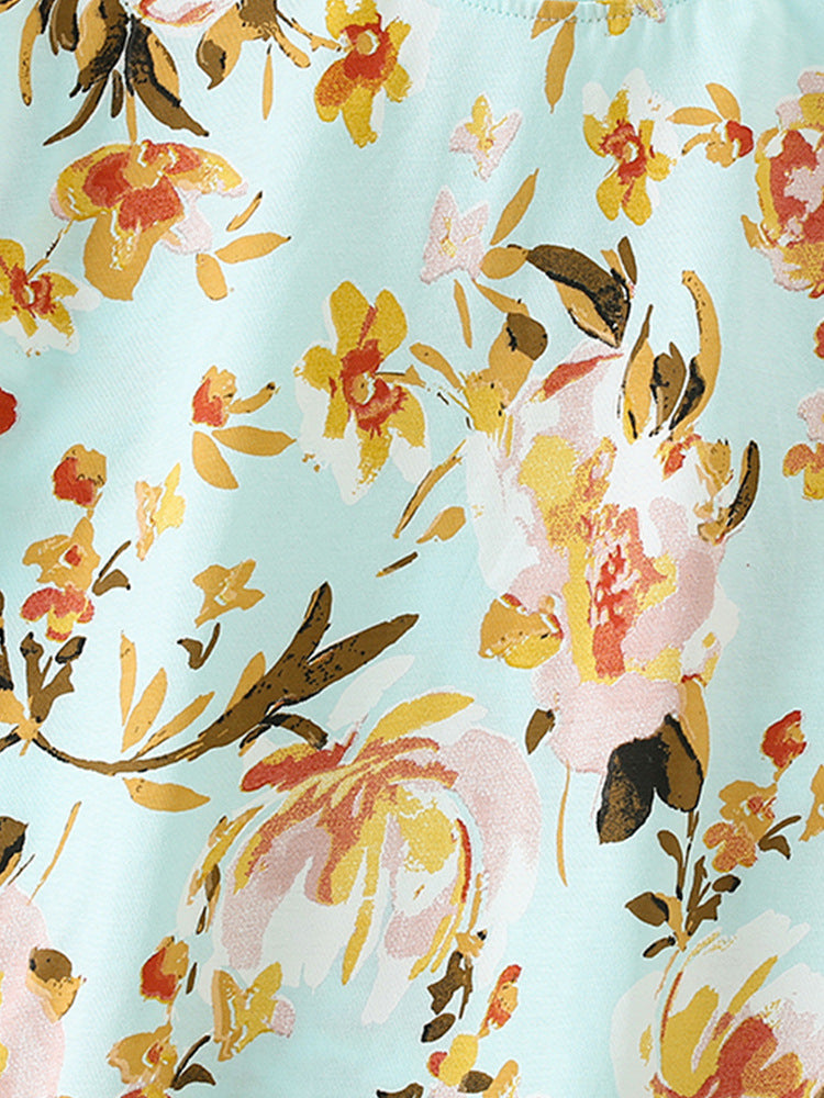 Summer Baby Kids Girls Floral Print T-Shirt and Shorts set in green, featuring a vibrant floral design, perfect for warm weather.