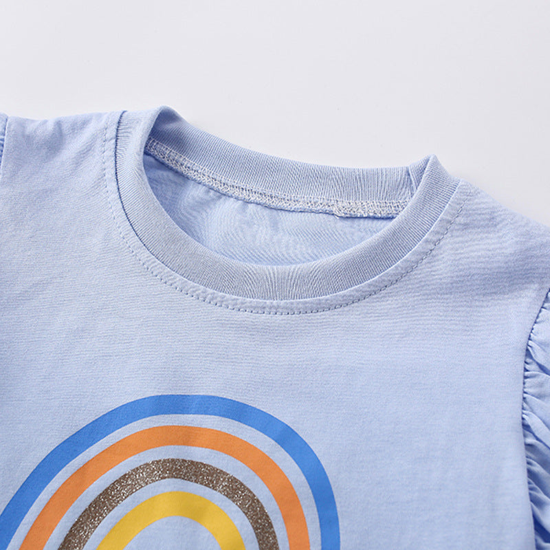 Summer Baby Kids Girls Floral Rainbow Print T-Shirt and Shorts set in blue, featuring a vibrant rainbow design, perfect for summer wear.