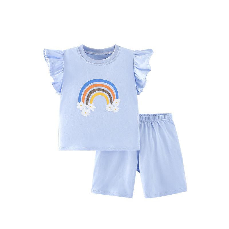 Summer Baby Kids Girls Floral Rainbow Print T-Shirt and Shorts set in blue, featuring a vibrant rainbow design, perfect for summer wear.
