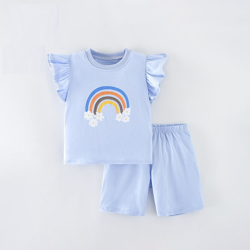 Summer Baby Kids Girls Floral Rainbow Print T-Shirt and Shorts set in blue, featuring a vibrant rainbow design, perfect for summer wear.