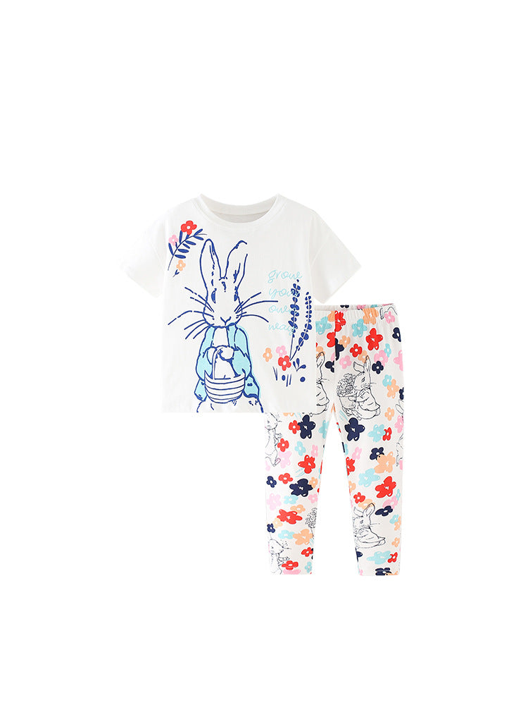 Summer Baby Kids Girls T-Shirt and Pants set featuring floral and rabbit prints in white, perfect for warm weather.