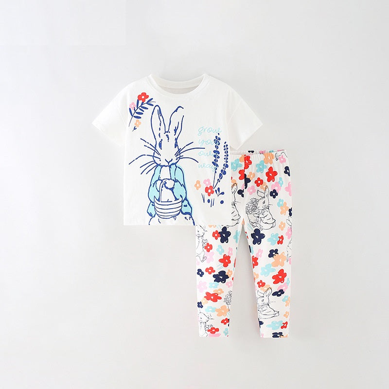 Summer Baby Kids Girls T-Shirt and Pants set featuring floral and rabbit prints in white, perfect for warm weather.