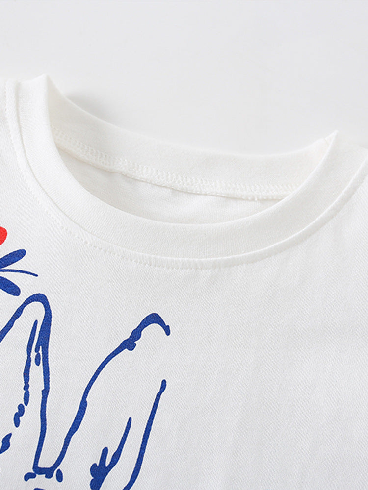 Summer Baby Kids Girls T-Shirt and Pants set featuring floral and rabbit prints in white, perfect for warm weather.