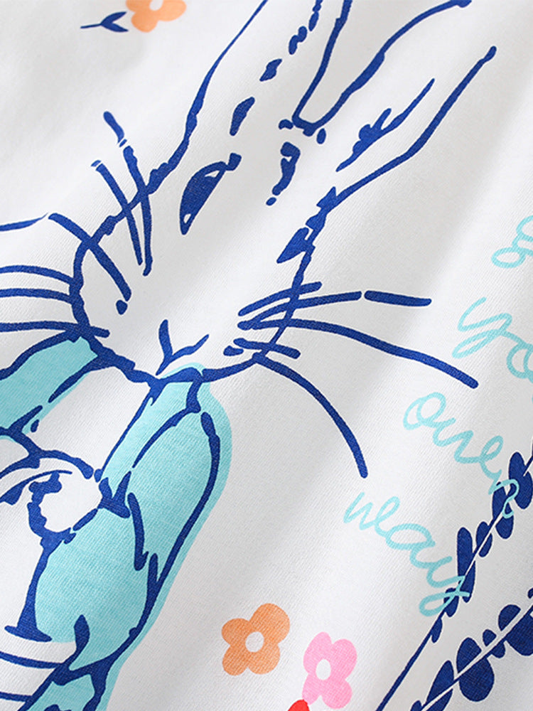 Summer Baby Kids Girls T-Shirt and Pants set featuring floral and rabbit prints in white, perfect for warm weather.