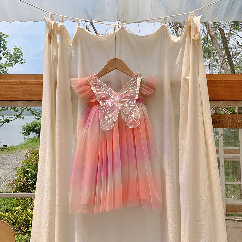 A colorful summer dress for girls featuring gradient fly sleeves and a butterfly design, available in red, pink, light pink, and blue.