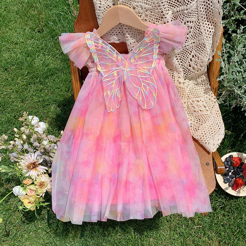 A colorful summer dress for girls featuring gradient fly sleeves and a butterfly design, available in red, pink, light pink, and blue.