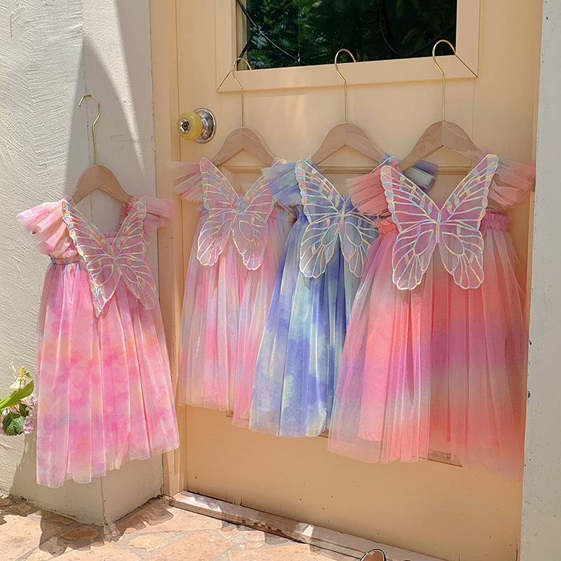 A colorful summer dress for girls featuring gradient fly sleeves and a butterfly design, available in red, pink, light pink, and blue.