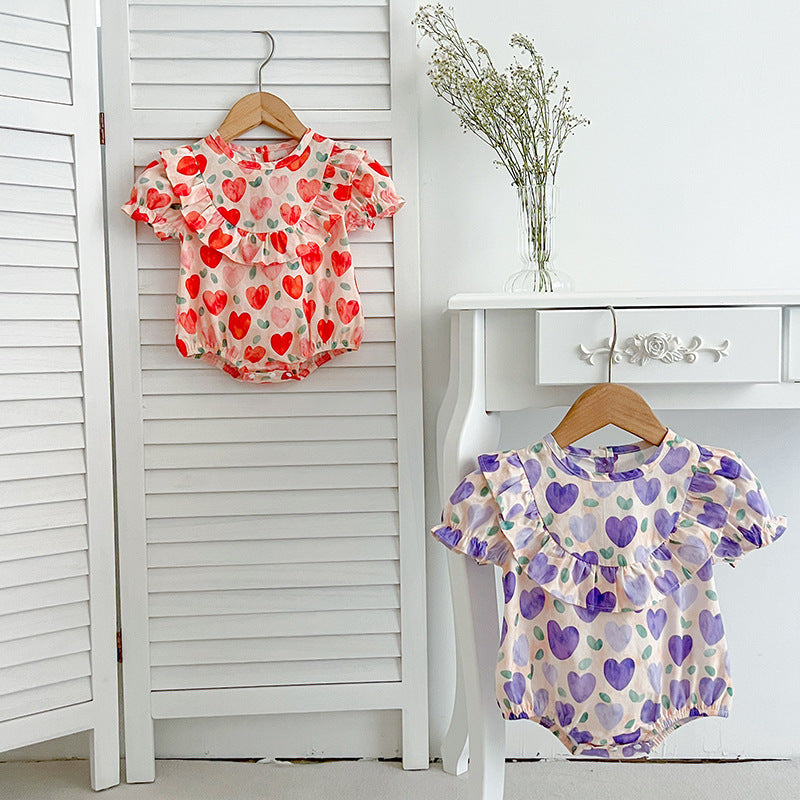 Summer Baby Girls Heart Pattern Onesies in red and purple, featuring short sleeves and a crew neck design, perfect for warm weather.
