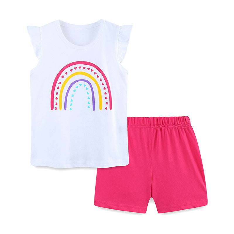Summer Baby Kids Girls Heart Rainbow Print T-Shirt and Shorts set in white with colorful rainbow design, perfect for summer wear.