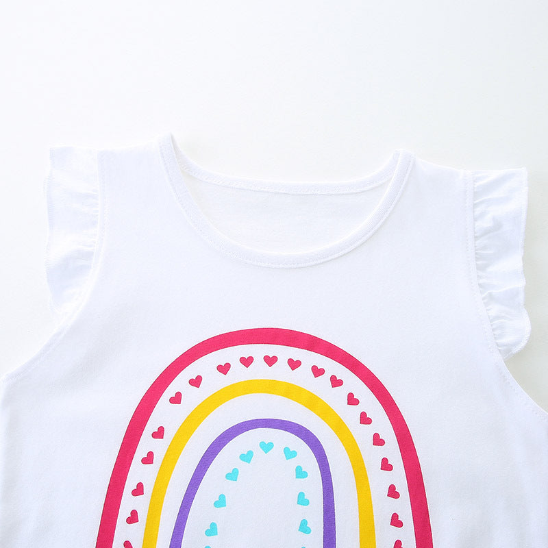 Summer Baby Kids Girls Heart Rainbow Print T-Shirt and Shorts set in white with colorful rainbow design, perfect for summer wear.