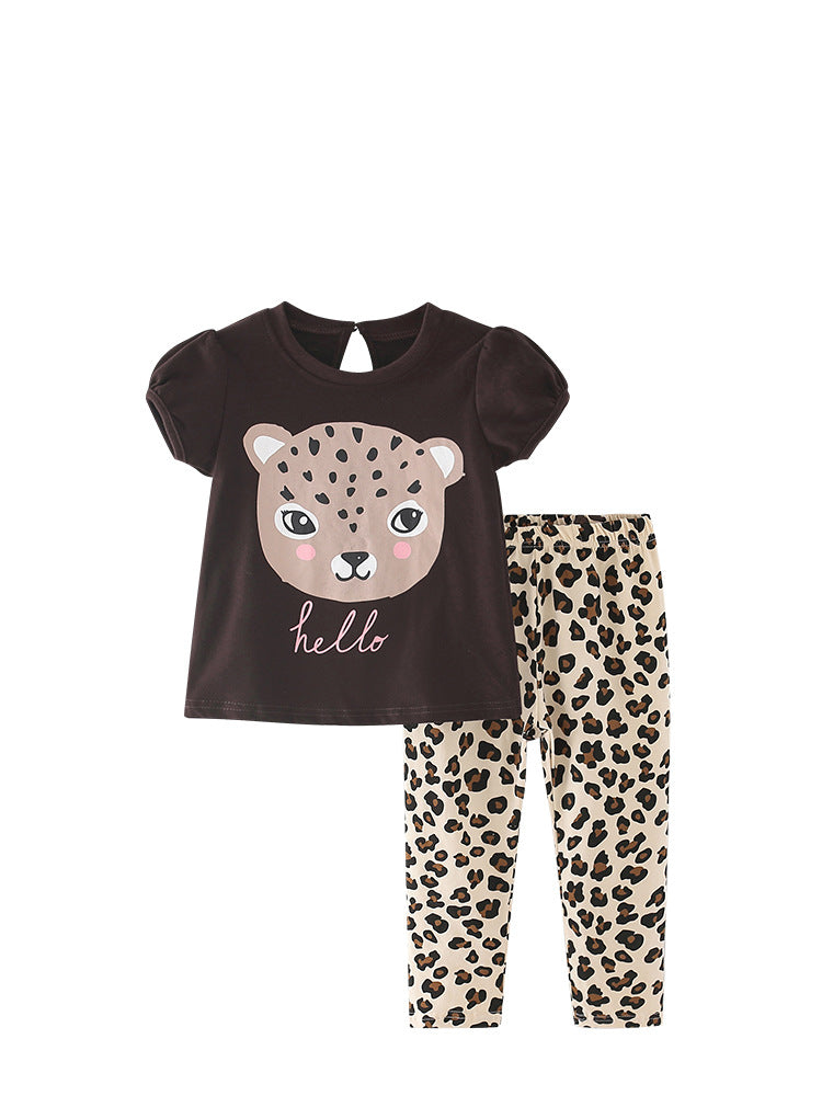 Summer Baby Kids Girls Leopard Cartoon Print T-Shirt and Pants set in coffee color, featuring a playful leopard design for stylish summer wear.