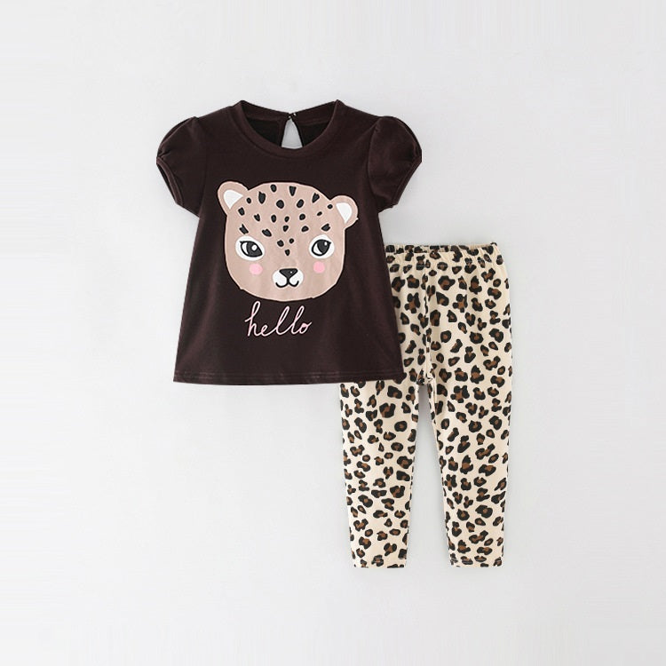 Summer Baby Kids Girls Leopard Cartoon Print T-Shirt and Pants set in coffee color, featuring a playful leopard design for stylish summer wear.