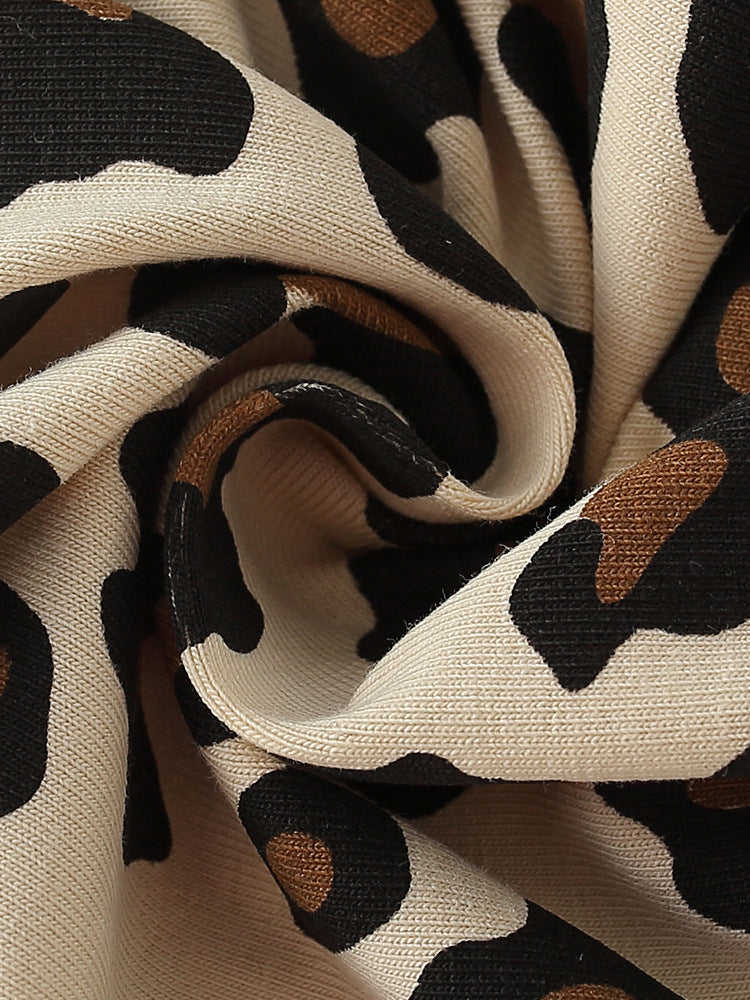 Summer Baby Kids Girls Leopard Cartoon Print T-Shirt and Pants set in coffee color, featuring a playful leopard design for stylish summer wear.