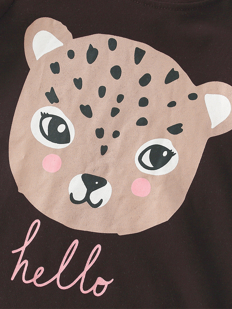 Summer Baby Kids Girls Leopard Cartoon Print T-Shirt and Pants set in coffee color, featuring a playful leopard design for stylish summer wear.