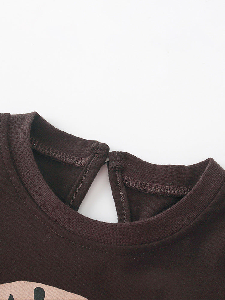 Summer Baby Kids Girls Leopard Cartoon Print T-Shirt and Pants set in coffee color, featuring a playful leopard design for stylish summer wear.