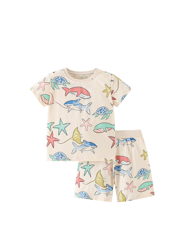 A cute summer top for baby girls featuring a colorful marine animals cartoon pattern, made from soft cotton fabric.
