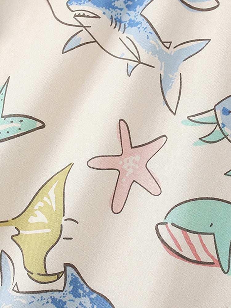A cute summer top for baby girls featuring a colorful marine animals cartoon pattern, made from soft cotton fabric.