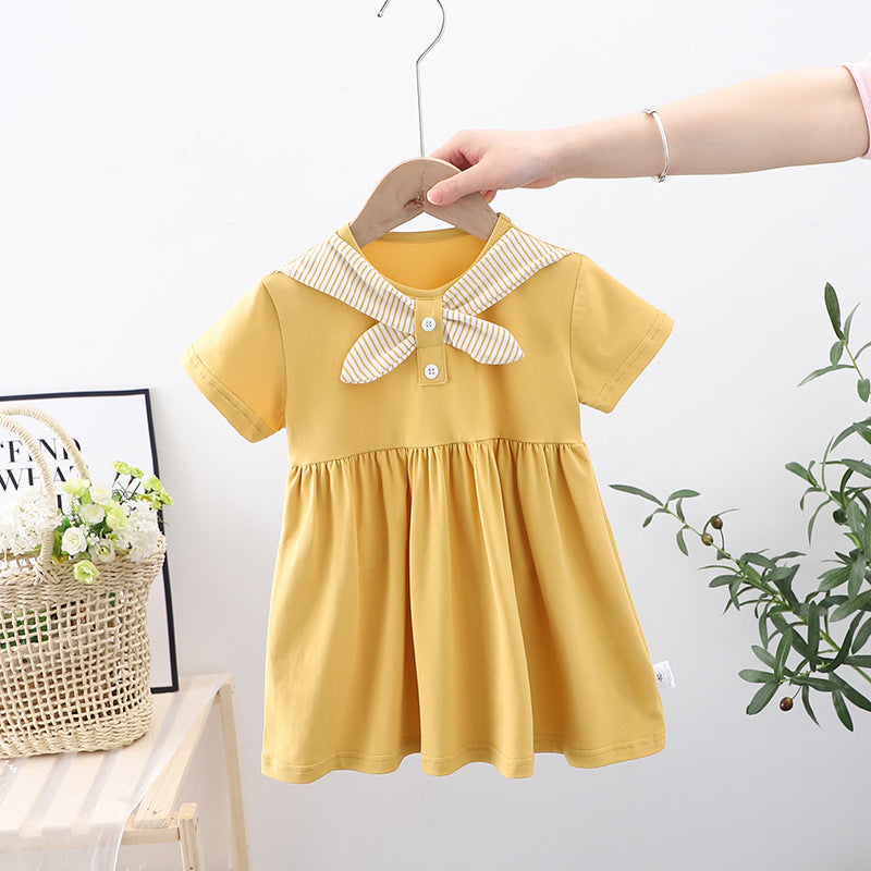 A bright yellow summer dress for baby girls featuring short sleeves and a preppy crew neck design, perfect for warm weather outings.